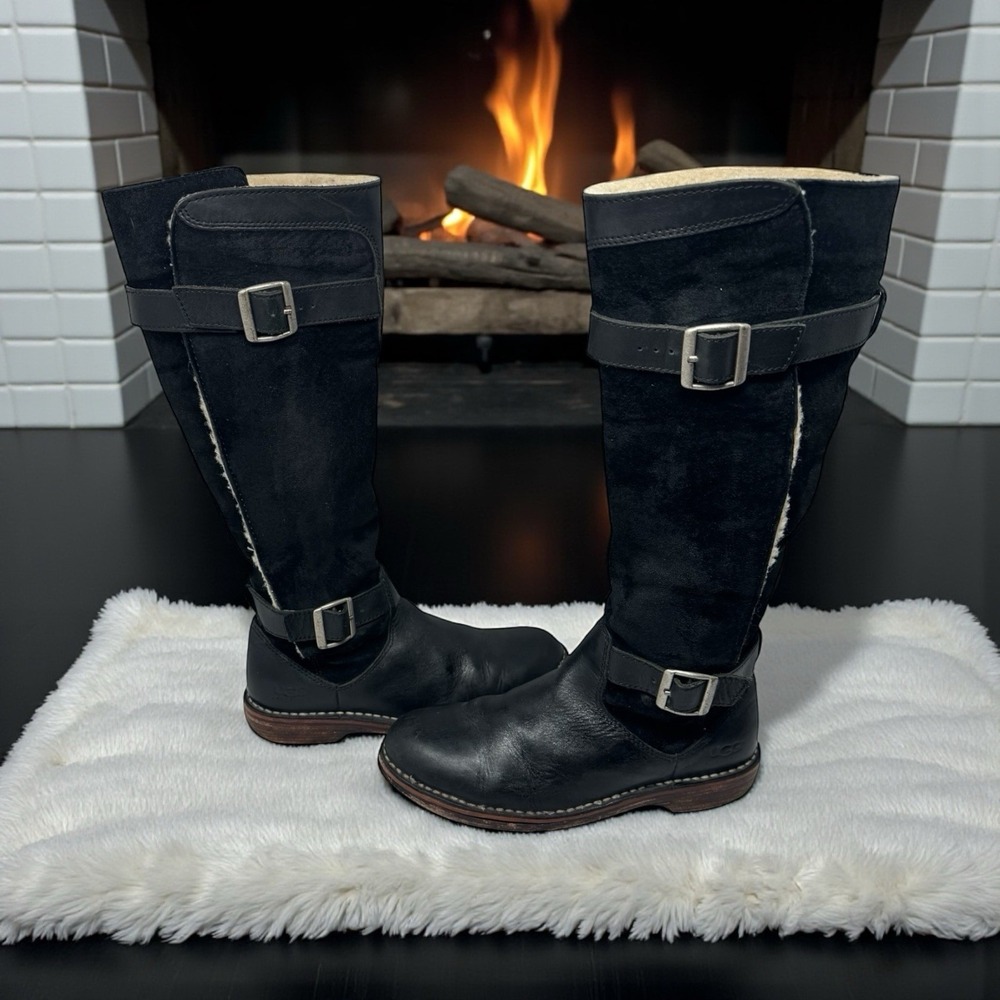 VINTAGE 🖤UGG ❄️DUNWICH TALL BLACK SUEDE LEATHER‎ BUCKLE &Wood BOOTS Y2K Size 6